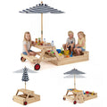 2-in-1 Wooden Sandbox with Foldable Umbrella and Convertible Picnic Table-Blue