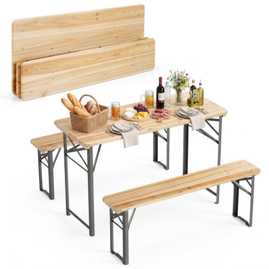 3-Piece Folding Picnic Table with Benches Fir Wood Portable Bear Camping SET-Natural