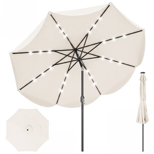 9 FT Scalloped Solar Patio Umbrella Market Table Umbrella with 24 LED Lights-Tan