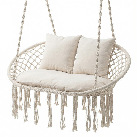 Double Swing Chair with Cushions Macrame Hanging Hammock Chair for Indoor and Outdoor Use-Beige