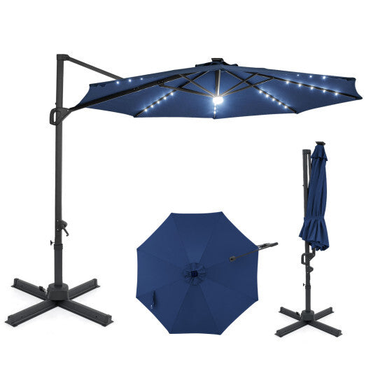 10 FT Cantilever Patio Umbrella with Solar LED Lights 360? Rotation-Brown
