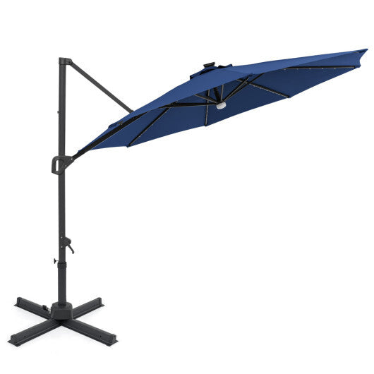 10 FT Cantilever Patio Umbrella with Solar LED Lights 360? Rotation-Brown