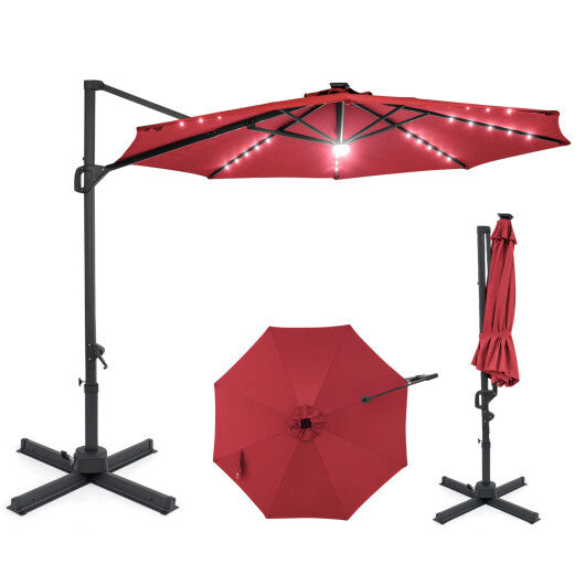 10 FT Cantilever Patio Umbrella with Solar LED Lights 360? Rotation-Brown