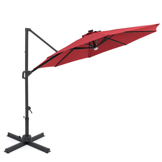 10 FT Cantilever Patio Umbrella with Solar LED Lights 360? Rotation-Brown