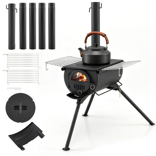 Hot Tent Stove with Chimney Pipes and Foldable Legs for Outdoor Heating-Black