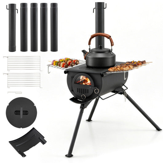 Hot Tent Stove with Chimney Pipes and Foldable Legs for Outdoor Heating-Black