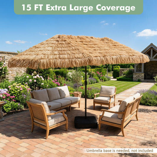 15 x 9 FT Double-sided Thatched Tiki Patio Umbrella with Crank Handle and 12 Sturdy Ribs-Brown