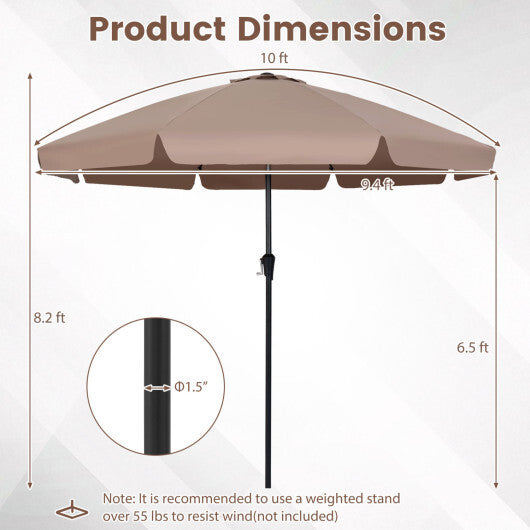 10 FT Scalloped Patio Umbrella with Push Button Tilt and 8 Fiberglass Ribs-Brown