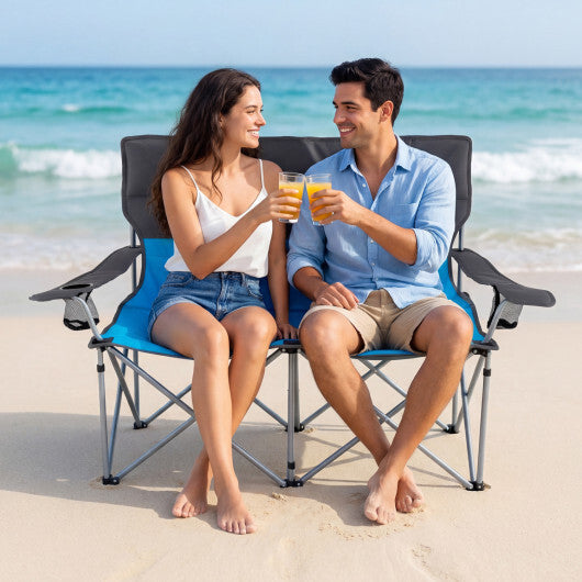Double Camping Chair with Carry Bag Cup Holders-Blue