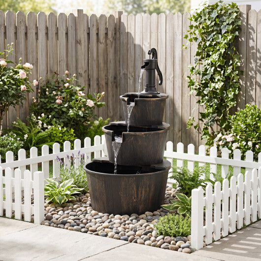 3-Tier Outdoor Barrel Waterfall Fountain with Electric Pump
