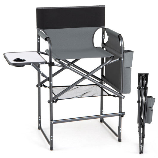 Folding Tall Director Chair 26 Inch Seat Height Portable Camping Chair with Side Table-Gray