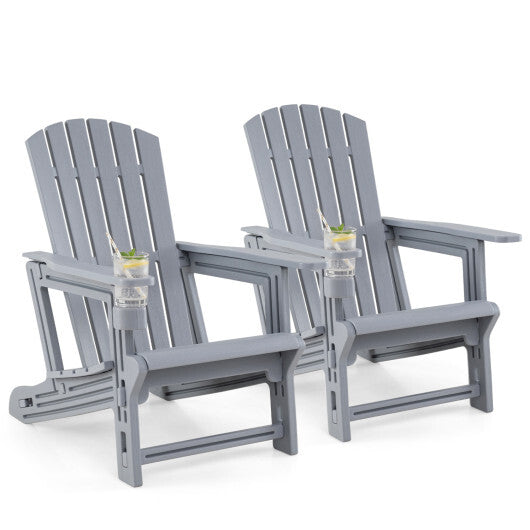 Set of 2 HDPE Adirondack Chair with Cup Holder and Wood-Like Texture  for Garden-Black