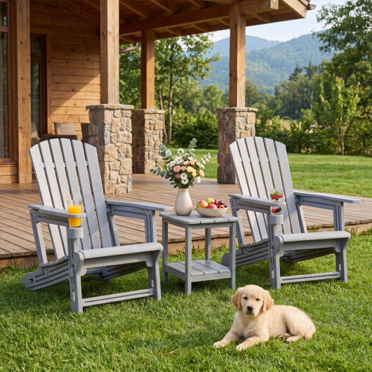 Set of 2 HDPE Adirondack Chair with Cup Holder and Wood-Like Texture  for Garden-Black