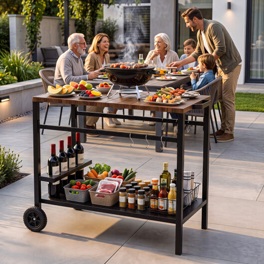 Outdoor Grill Cart with Spice Rack and Hooks for Patio and Garden-Brown