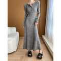French Sunken Stripe Padded Shoulder Slimming Knitted Dress Early Spring