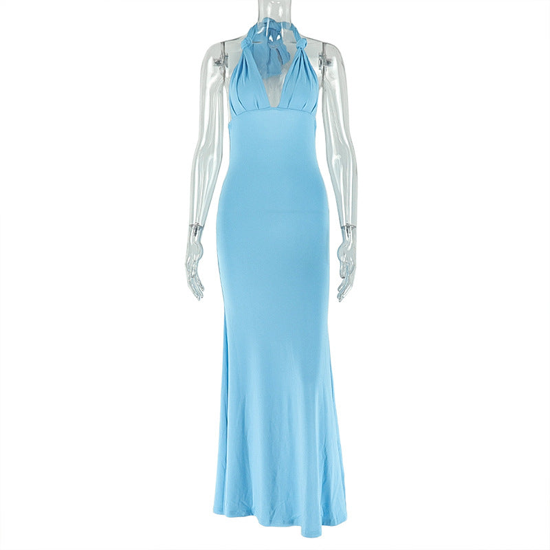 Women Clothing Elegant Pleated Solid Color Slimming Hip Dress V neck Wrapped Chest Backless Maxi Dress