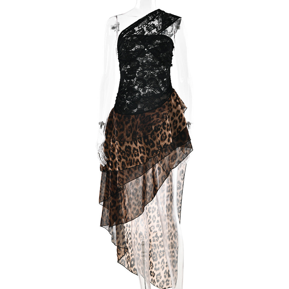 Sexy Leopard Print Chiffon Dress Sexy Backless Lace Stitching Dress