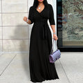 Women Clothing Spring Summer Elegant Solid Color V neck Waist Half Sleeve Maxi Dress