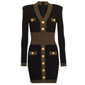 Spring Autumn Women Clothing Gold Silk Stitching High Quality Long Sleeve Waist Trimming Knitted Dress