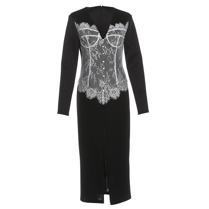 Autumn Winter Women Clothing Fashionable Slim Lace Stitching V neck Split Dress