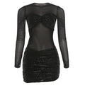Winter Women Clothing Sexy Mesh See through Pleated Slim Fit Patchwork Dress