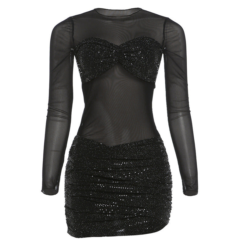 Winter Women Clothing Sexy Mesh See through Pleated Slim Fit Patchwork Dress