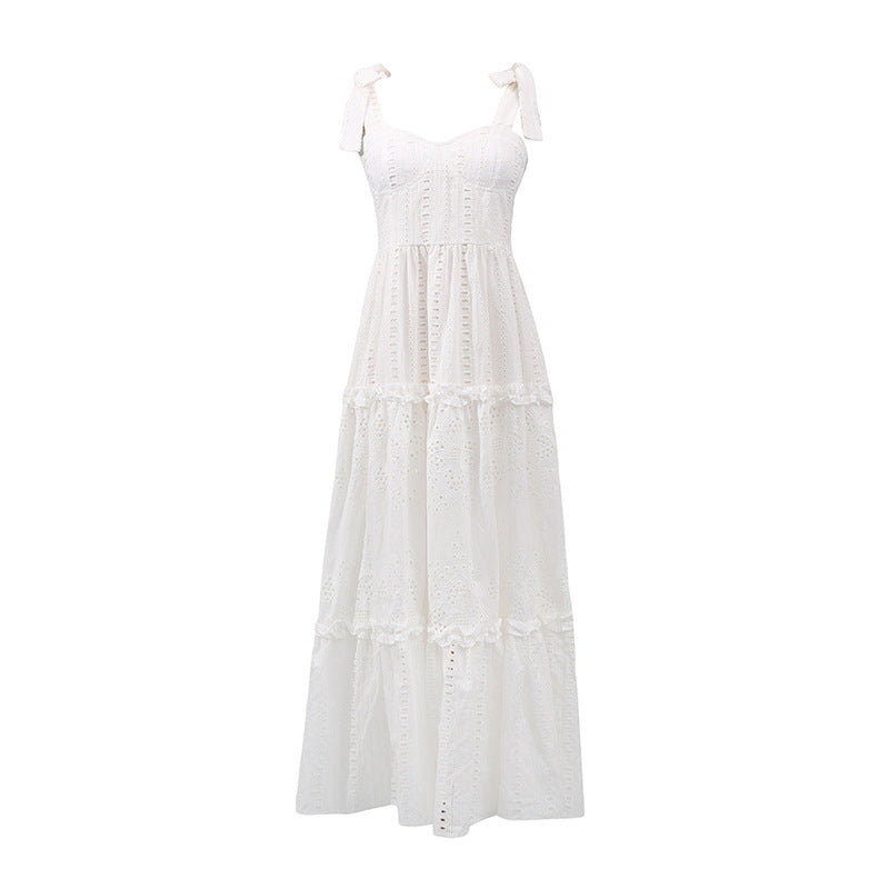 Elegant Sexy Cami Dress Autumn off Shoulder Embroidered Hollow Out Cutout out Sexy Dress