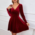 Autumn Winter V neck Waist A line Dress Sexy Velvet Dress Cocktail Dress Dress