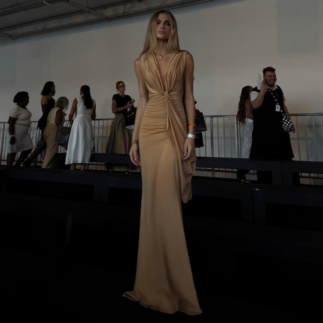 Autumn Winter Women Ribbon Pleated Deep V Plunge neck Sexy Slim Fit Backless Sheath Dress
