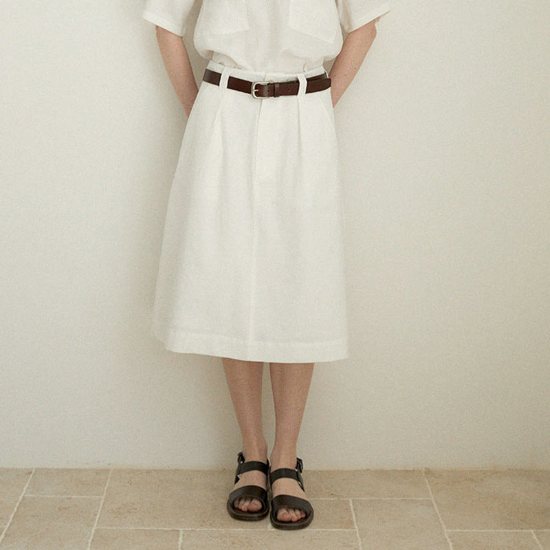 Pure Linen A line Skirt Women Summer High Waist Skirt Old Money Slimming Loose Straight Dress over the Knee Office Mid Skirt (no belt)