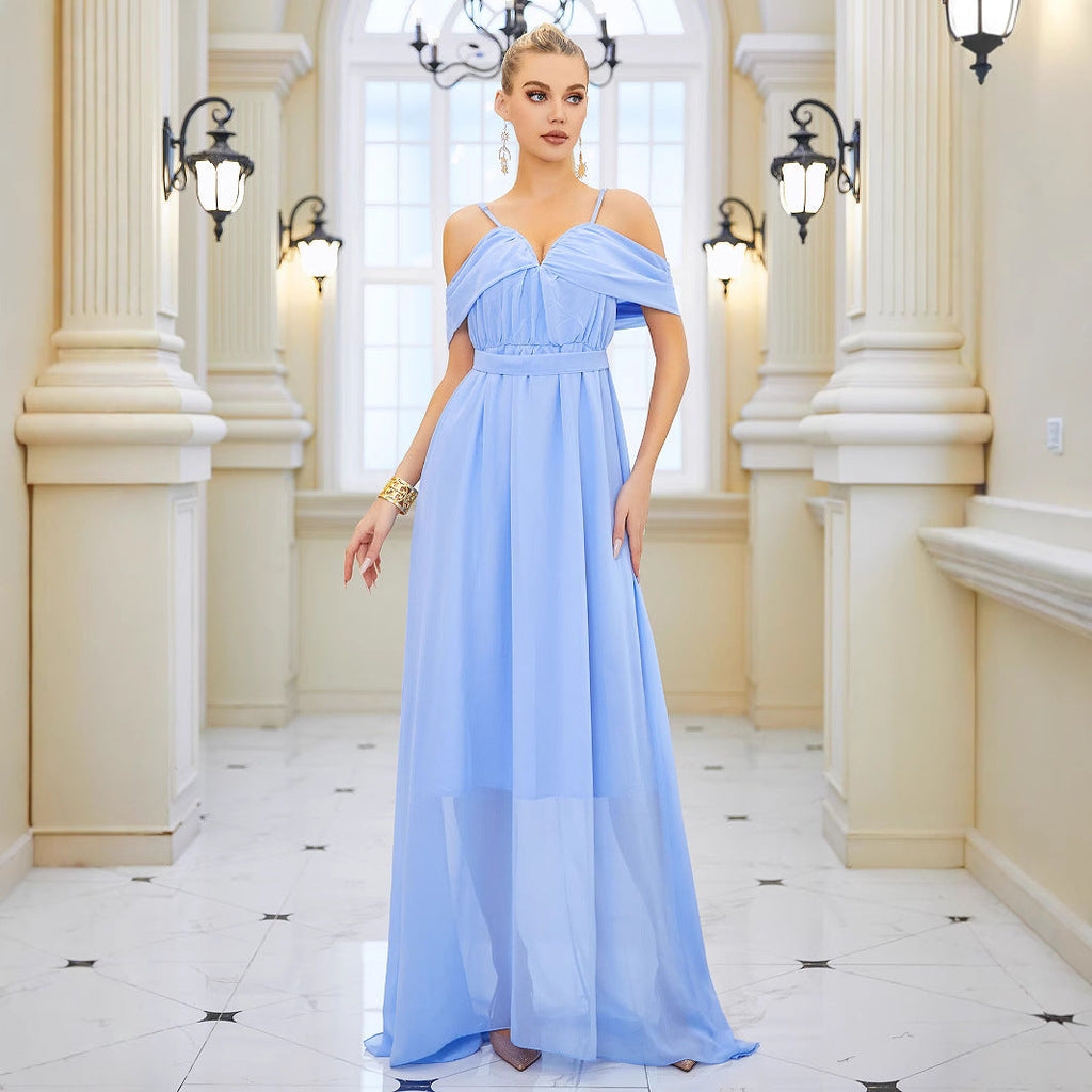 Solid Color Chiffon V neck Strap Long Elegant Slim Long Dress
