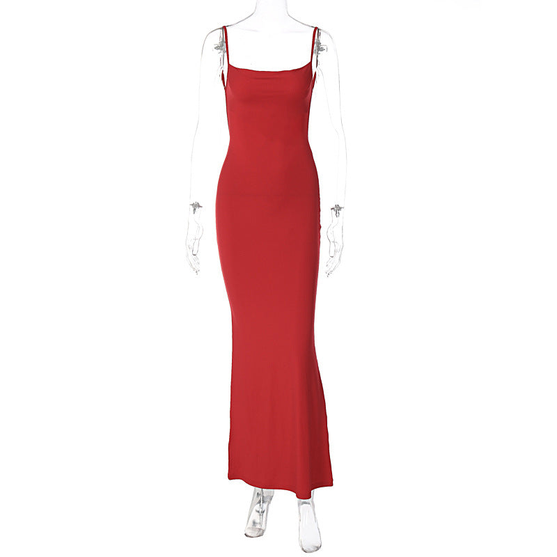 Spring Summer Women Clothing Sexy Slim Fit Backless Strap Solid Color Dress for Women