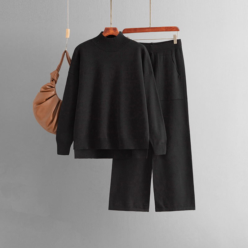 Solid Color Knitted Half Turtleneck Slit Sweater Women Fall Winter Casual Two Piece Sweater