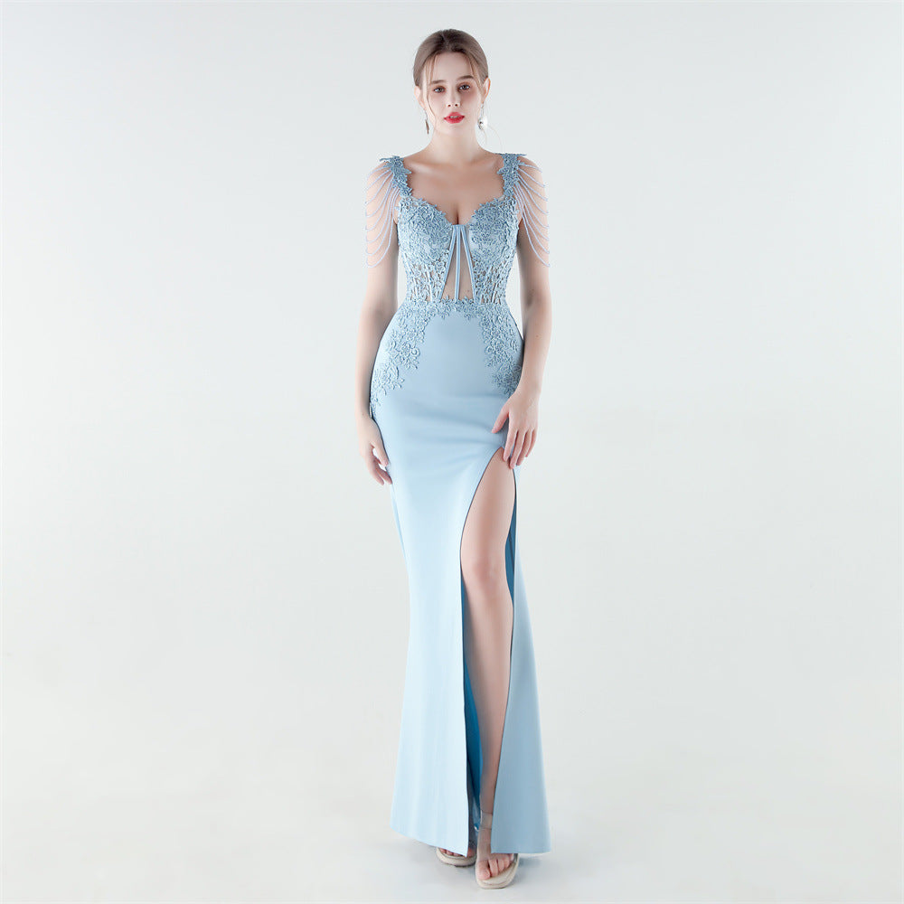Heavy Industry Boning Corset Waist Binding Rhinestone Floral Evening Dress