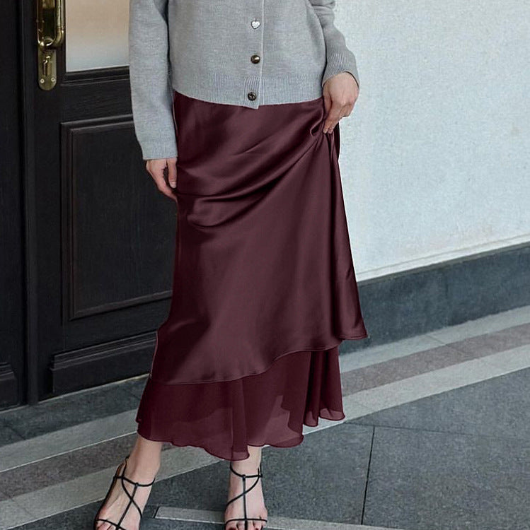 Women Clothing Satin Skirt Women Spring Summer Patchwork Mesh Double Layer Design Sheath