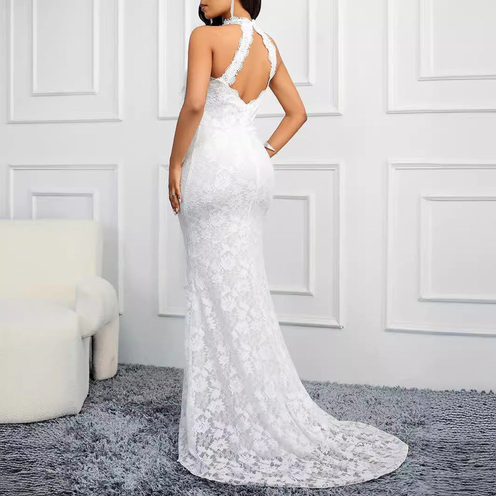 Spring Backless Solid Color Trailing Elegant Slim Party Women Evening Dress