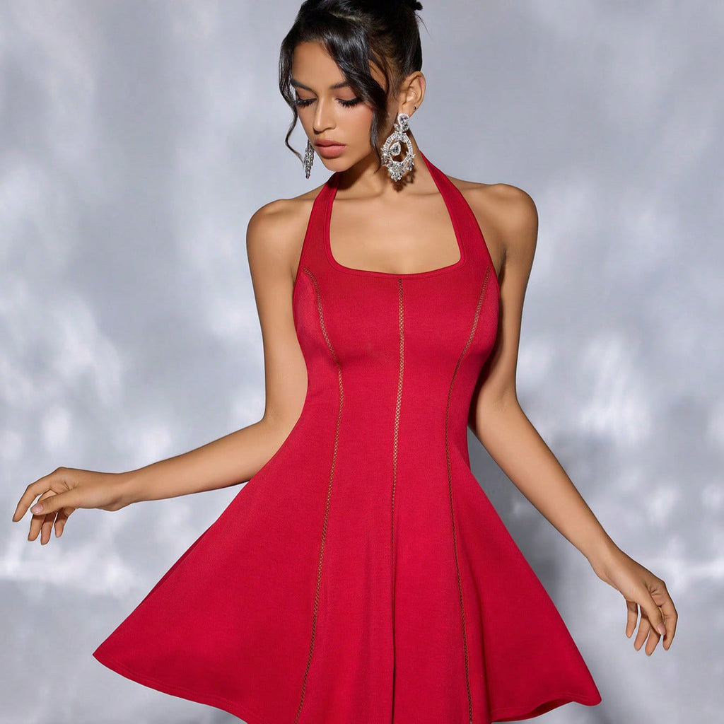 Women Clothing Solid Color Halter Lace up Tube Top Hollow Out Cutout out Stitching Cinched Short Dress Backless Tuxedo Dress