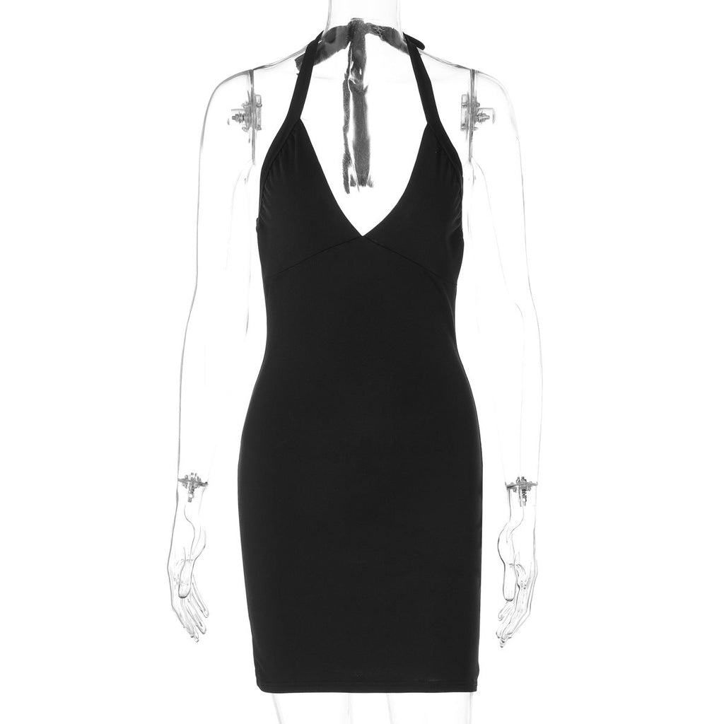 Women Clothing Spring Summer Sexy Deep V Plunge neck Halter Straps Bare Back Skinny Sheath Dress