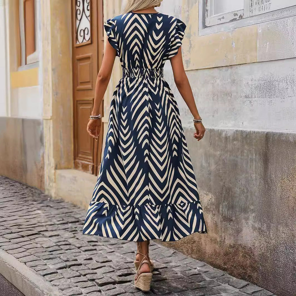 Women Clothing Women Summer Elegance Printed Short Sleeve Dress Lace Up Long Hem