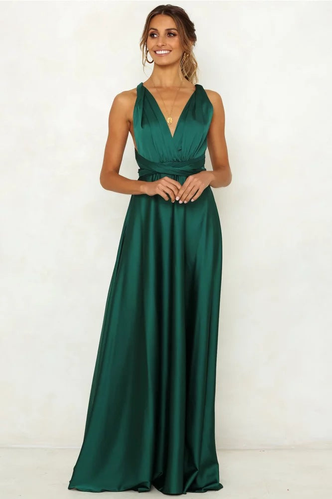 Spring Summer Solid Color Lace-up V-neck Sexy Women Clothing Backless High Waist Dress Maxi Dress Maxi