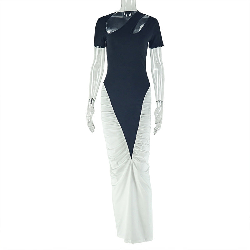 Black White Women Wear Pleated Slim Fit Hip Dress Hollow Out Cutout out Short Sleeve Long Pattern Waist Tight Dress
