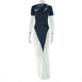 Black White Women Wear Pleated Slim Fit Hip Dress Hollow Out Cutout out Short Sleeve Long Pattern Waist Tight Dress