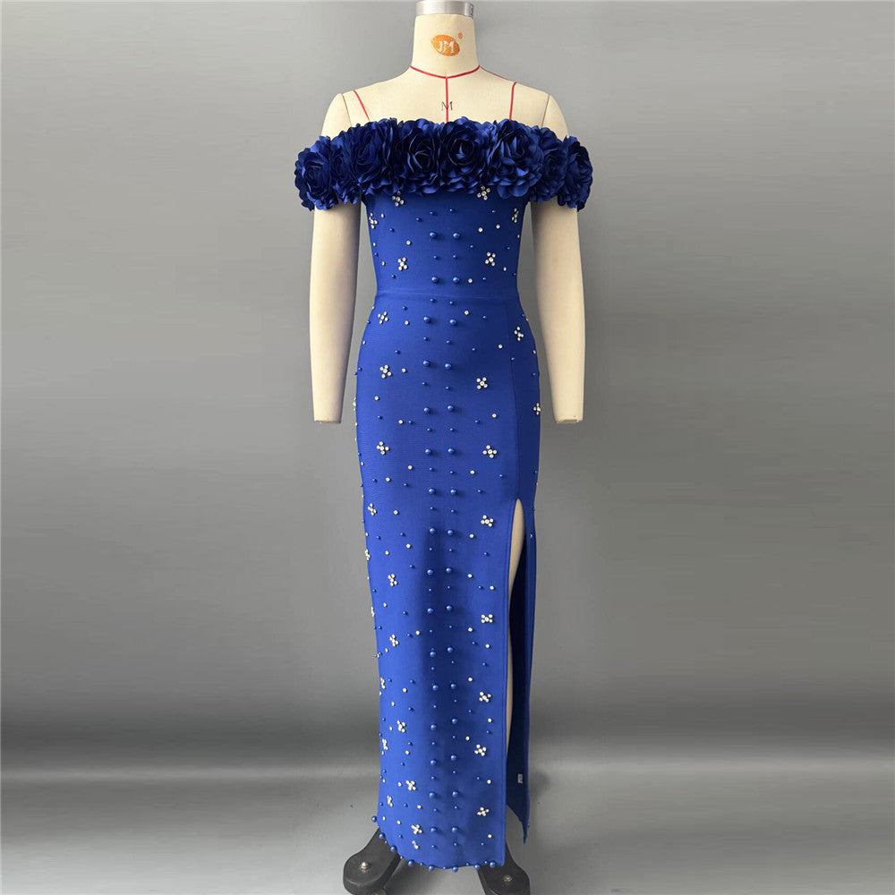 Sexy off Shoulder Beads Rhinestones Bandage One Piece Dress Applique Party Gathering Evening Dress