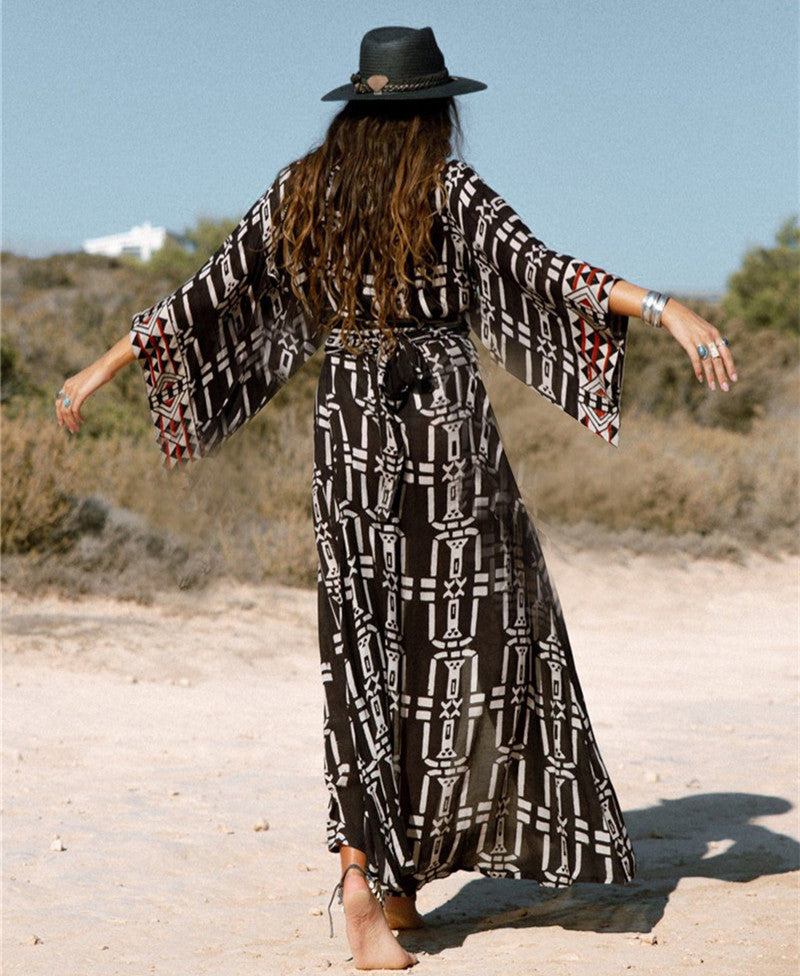 Rayon Positioning Printing Beach Cover-up Sexy Cardigan Loose Vacation Sun Protection Shirt Dress