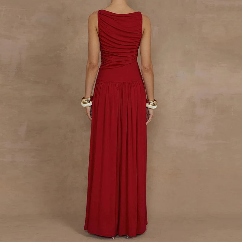 Summer Pleated Sleeveless Solid Color Waist Tight Sexy Maxi Dress