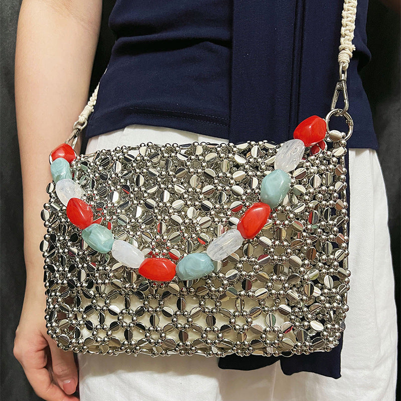 Retro Silver Hand Woven Beads Small Square Bag Long Shoulder Strap Phone Crossbody Bag
