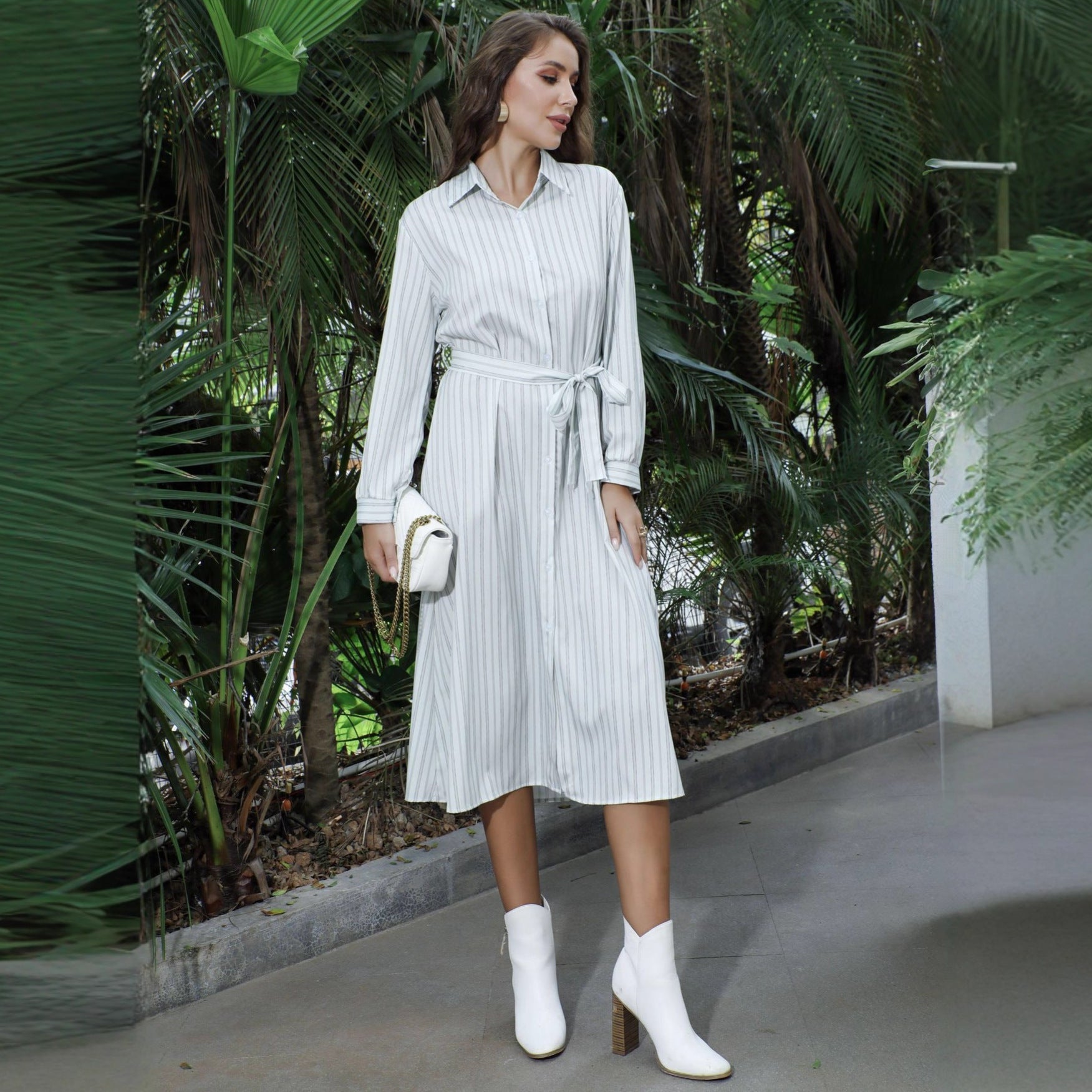 Striped Collared Long Sleeve Shirt Women Early Autumn Old Money Office Maxi Dress Women
