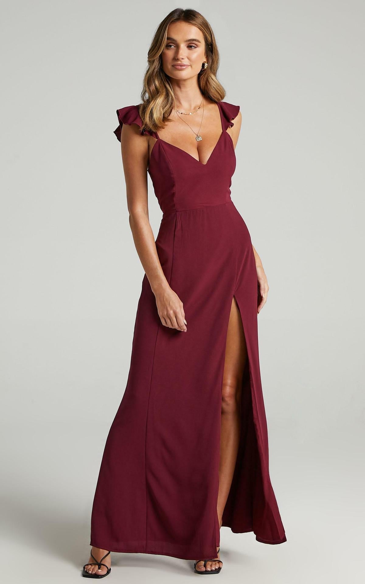Women Clothing Ruffled Spaghetti Straps Sleeveless High Waist Solid Color High Fork Solid Color Dress