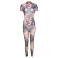 Summer Women Clothing Sexy See through Mesh Floral Print Hollow Out Cutout Backless Tight Casual Jumpsuit