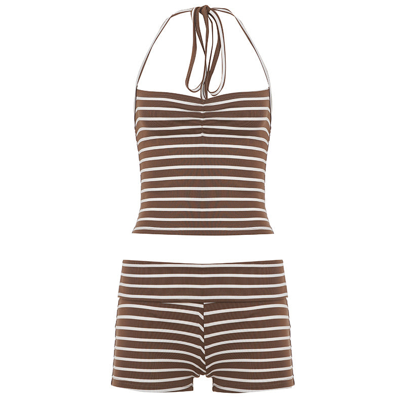 Striped Homewear Halter Chest Pleated Vest Waist Shorts Sports Casual Two Piece Sets